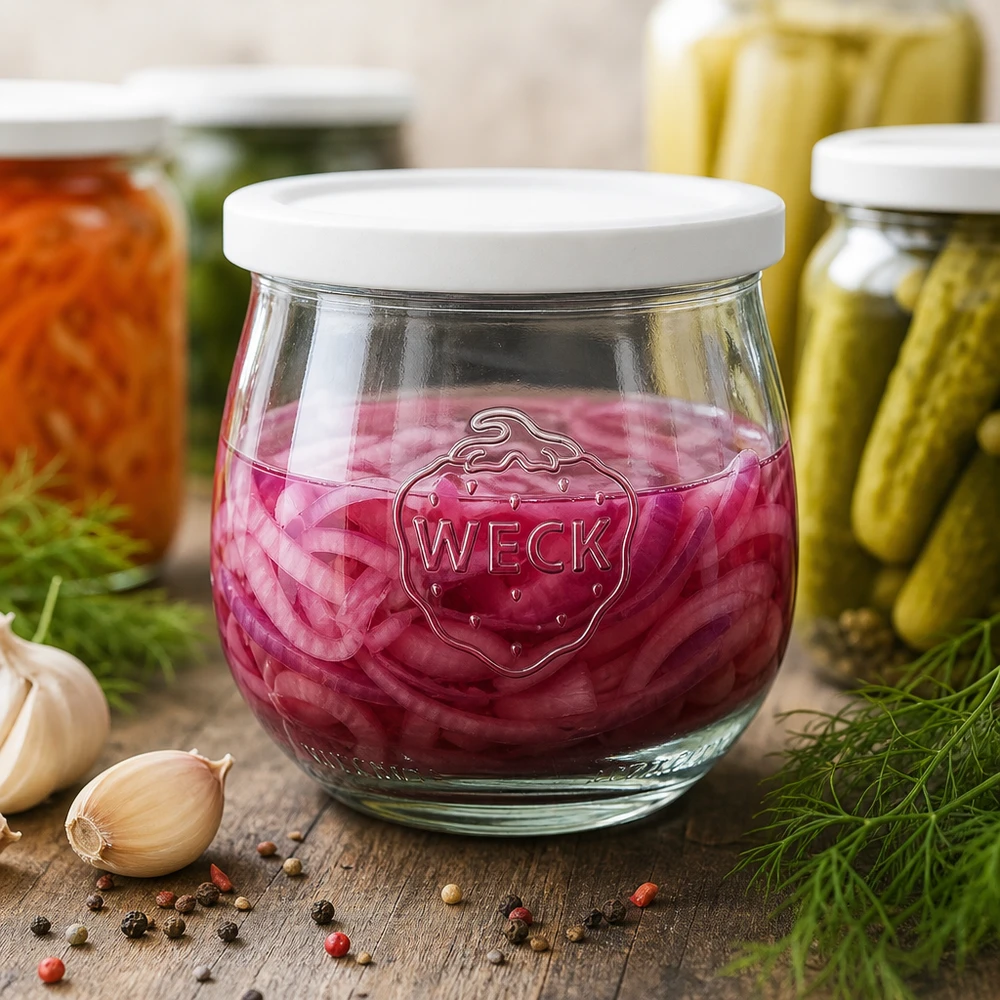 Vaso a tulipano WECK 370ml RR80 con cavolo rosso sottaceto accanto a aglio, pepe in grani e altri vasi per conserve