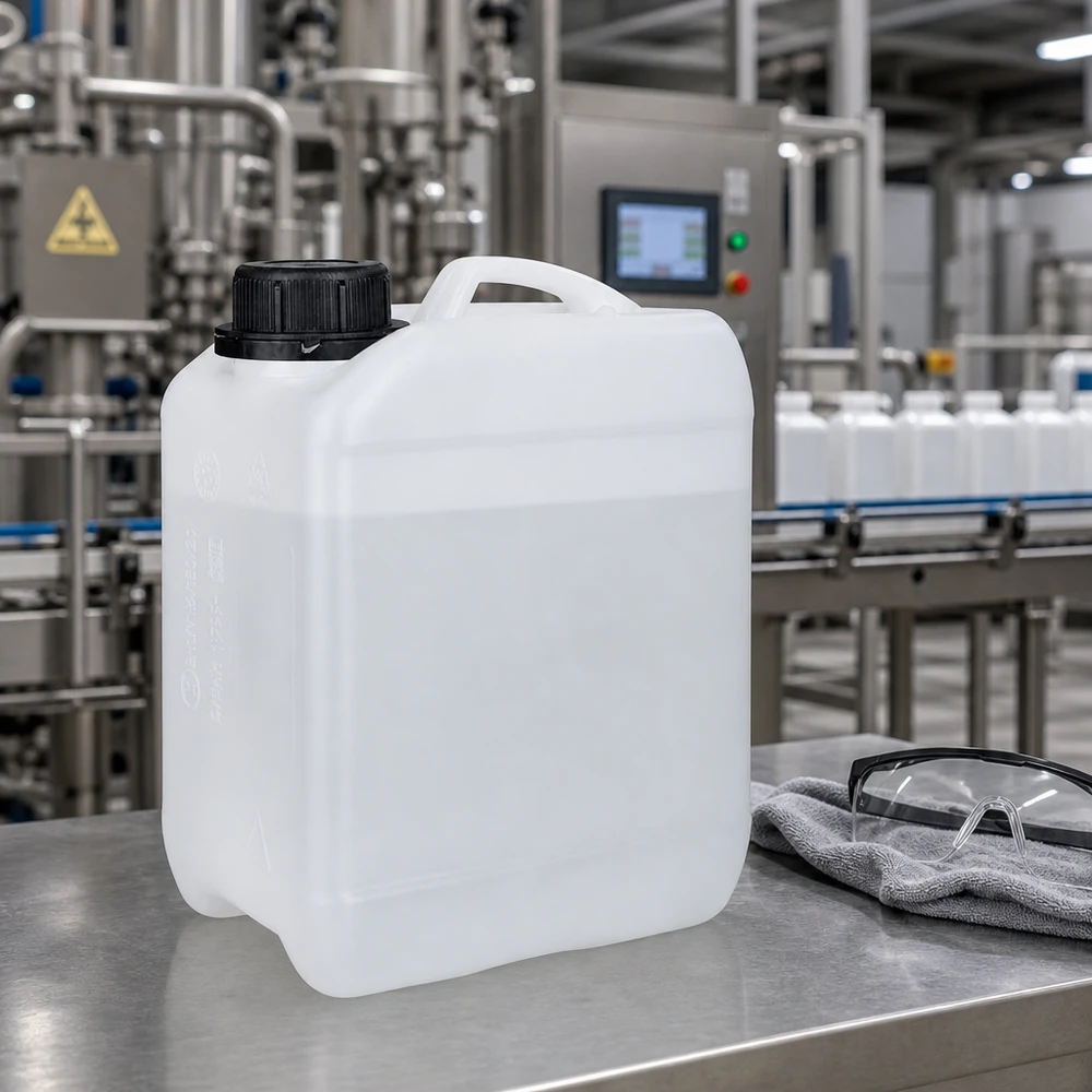 Tanica 2,5 litri con tappo a vite OV Tanica compatta da 2,5 litri con tappo a vite OV su piano di lavoro in acciaio inossidabile in un ambiente industriale