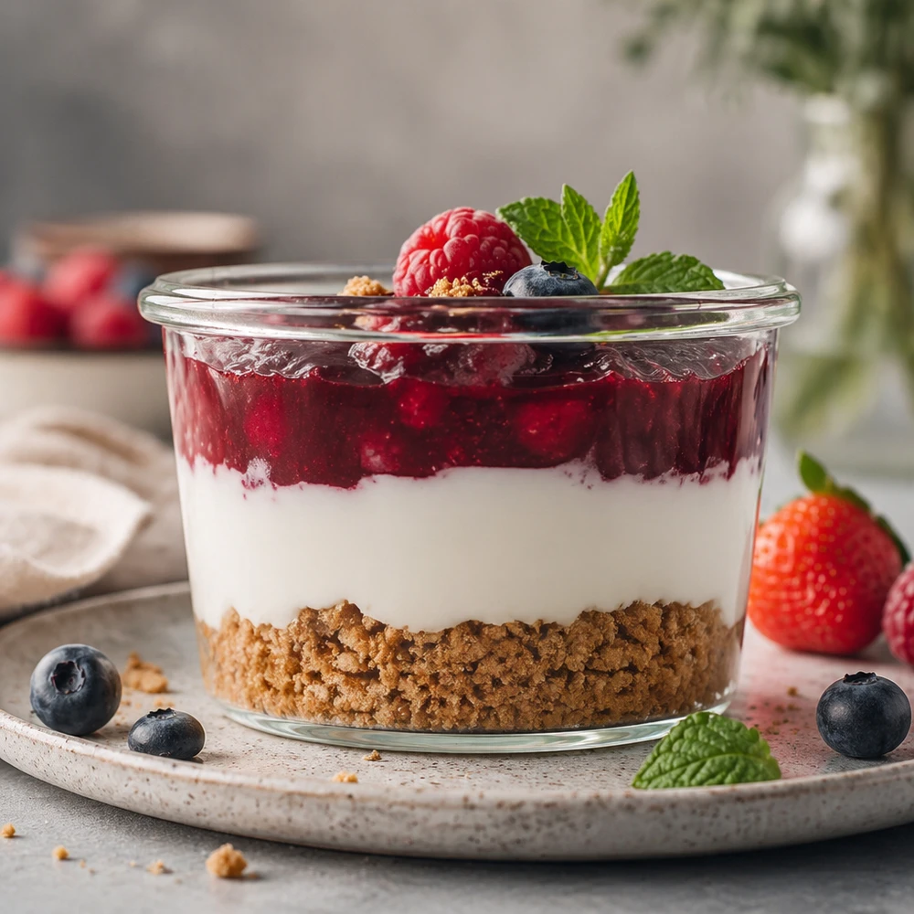WECK Vaso da 35 ml con dessert a strati di base di biscotto, crema bianca e composta di frutti di bosco, guarnito con menta