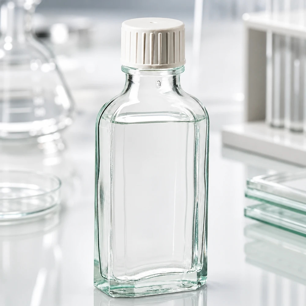 Flacone rettangolare in vetro trasparente da 50 ml con tappo bianco scanalato e anello versatore integrato