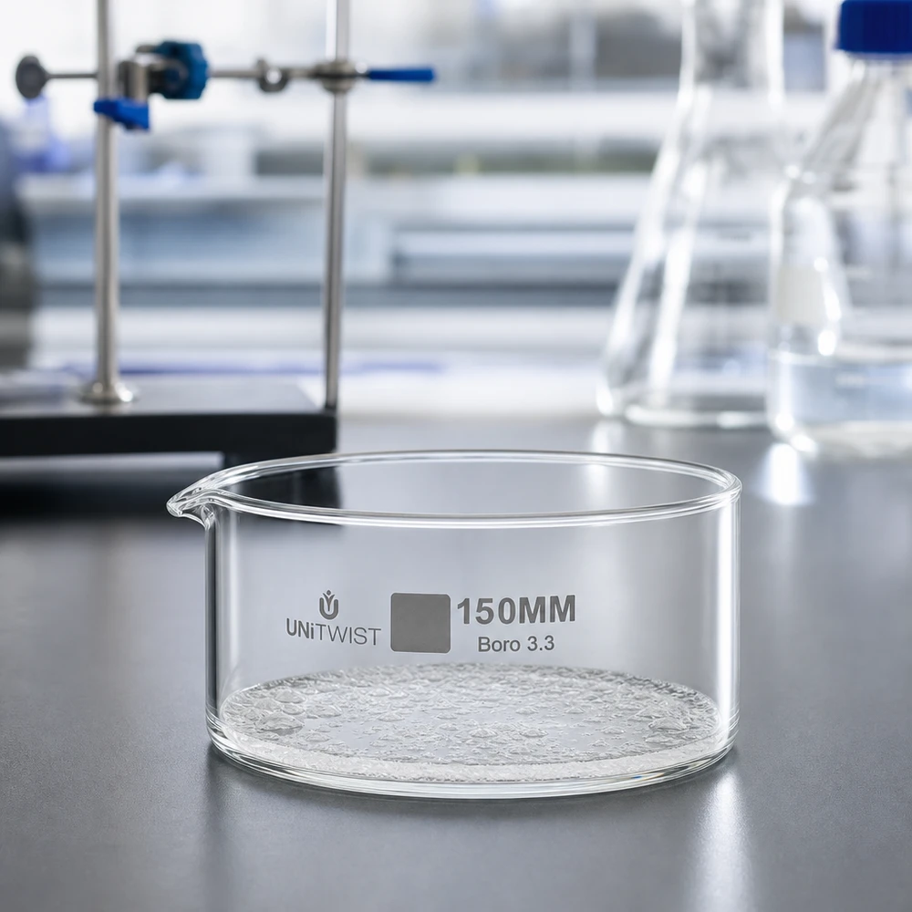 Piatto per cristallizzare ø150mm in vetro borosilicato UNiTWIST Vaschetta di cristallizzazione UNiTWIST, ø 150 mm, vetro borosilicato 3.3, vuota, su un banco da laboratorio con strumenti di laboratorio
