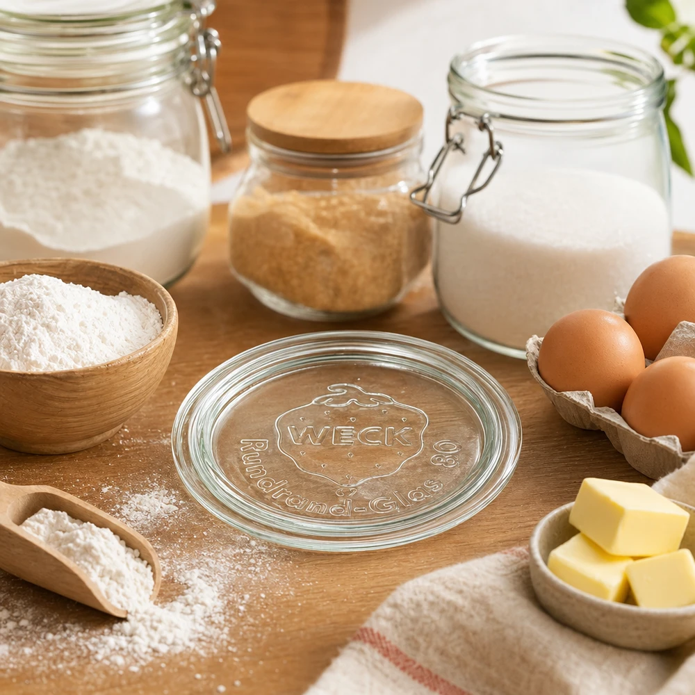 Coperchio in vetro WECK RR80 circondato da ingredienti da forno come farina, uova, burro e latte in una cucina rustica su un tavolo in legno