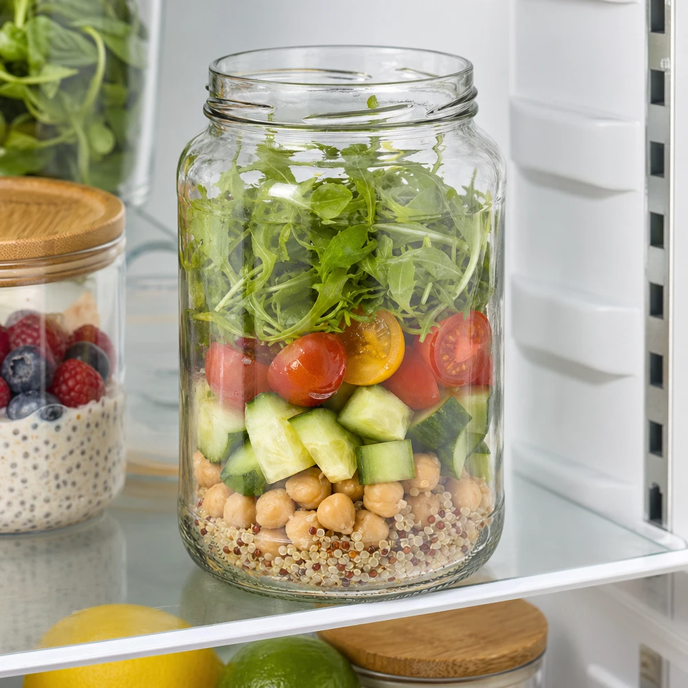 UNiTWIST Runda1700 - Barattolo capacità 1700ml TO100 UNiTWIST Runda1700 tumbler 1700ml TO100 con insalata a strati quinoa ceci cetrioli pomodori rucola in frigo
