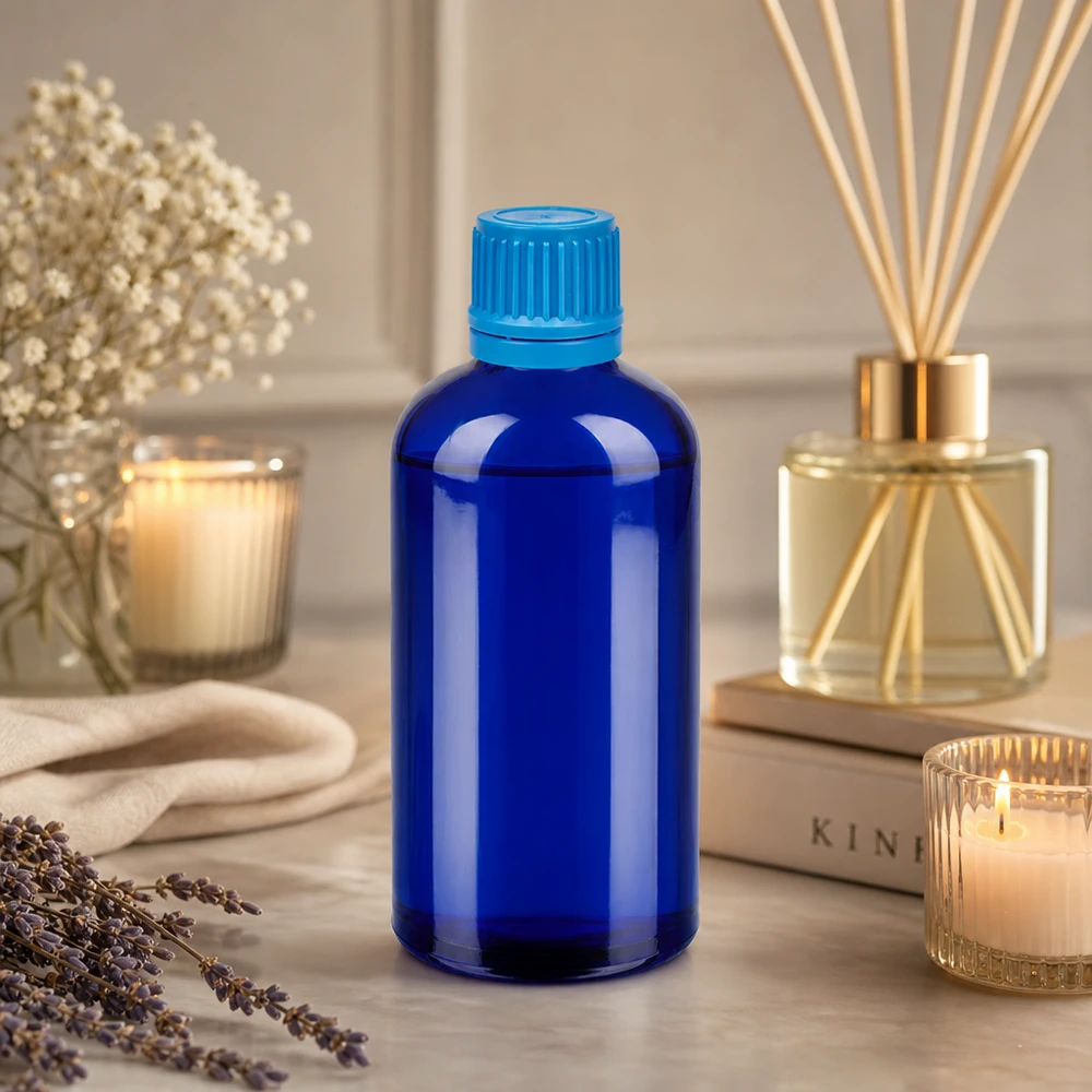 Bottiglia da 100ml 11mm SV blu OV BlueLine UT18/100 Elegante bottiglia da farmacia da 100 ml in vetro blu con tappo SV a prova di perdite da 11 mm