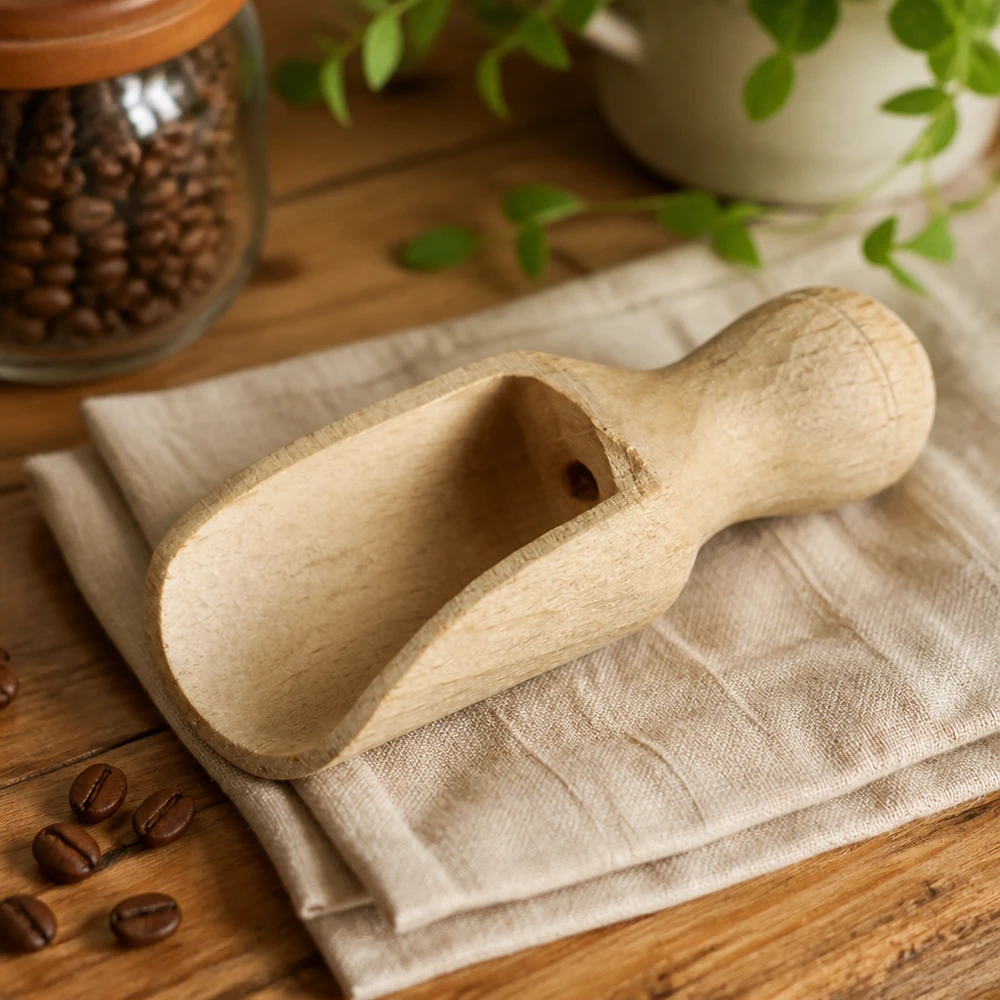 Paletta in legno XS 5,2 cm su tela di lino con chicchi di caffè e barattolo di vetro in un ambiente di cucina naturale