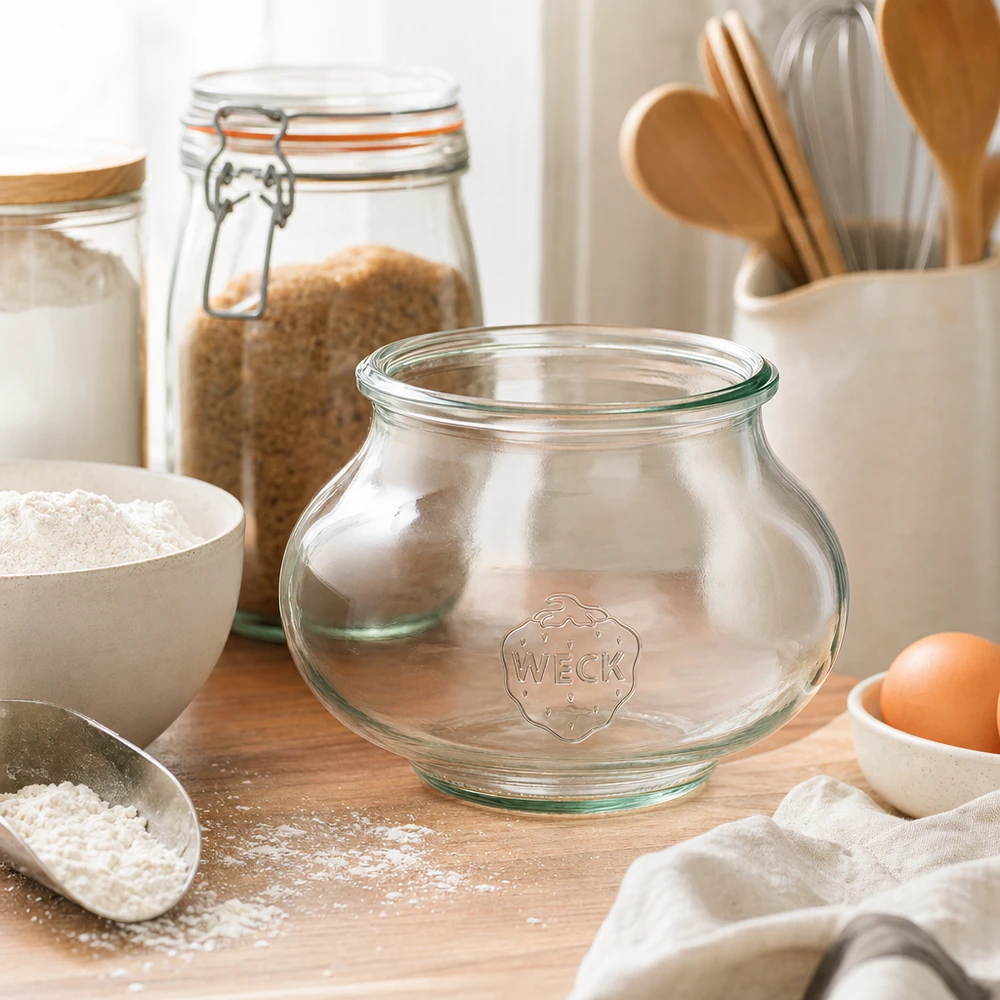 WECK vaso decorativo 560ml RR80 vaso vuoto in cucina con ingredienti da forno farina uova e utensili in legno
