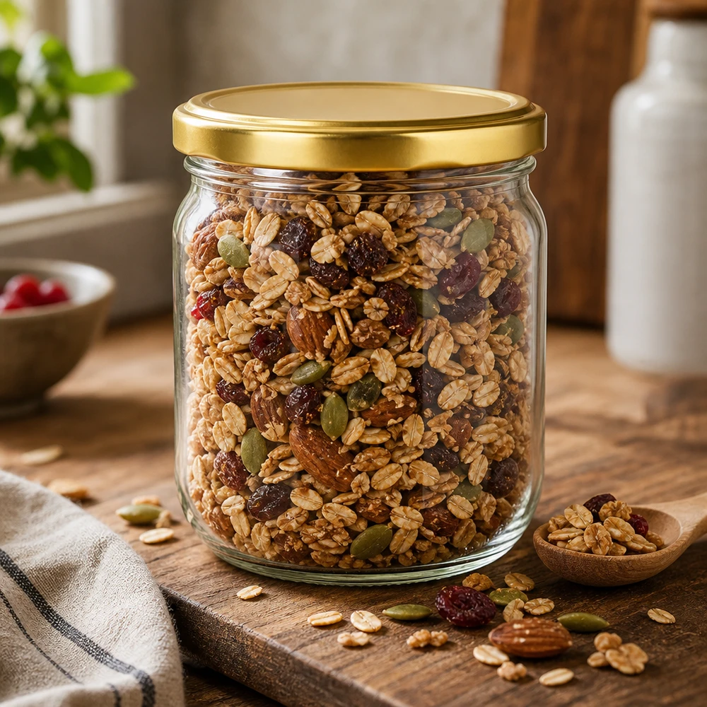 Barattolo rotondo da 425 ml con coperchio dorato pieno di muesli e noci - barattolo per la conservazione di frutta secca e granola
