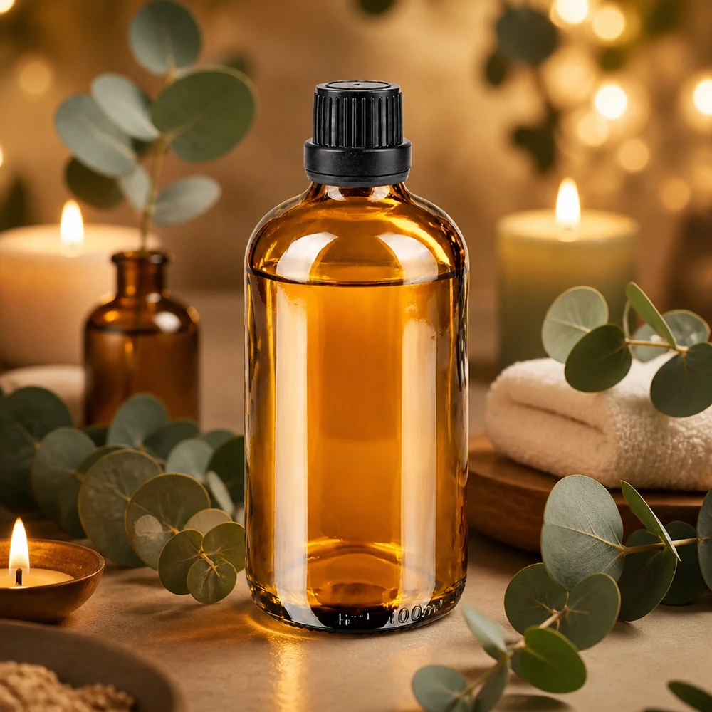Flacone di vetro marrone da 100 ml con tappo originale nero e contagocce per oli essenziali
