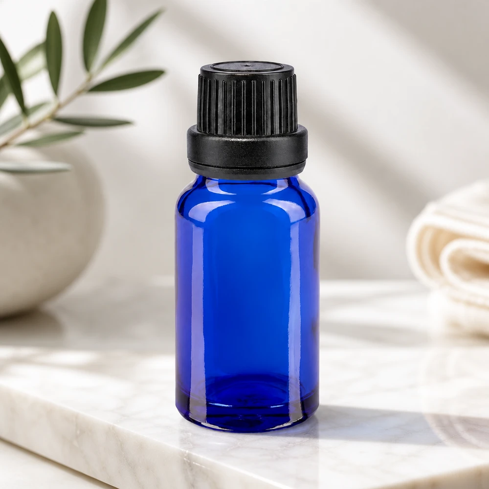 Flacone contagocce in vetro da farmacia da 10 ml, di colore blu, con tappo OV a prova di bambino e dosatore preciso da 2 mm