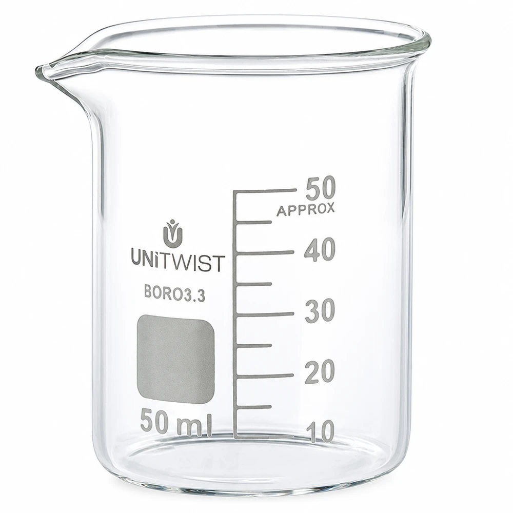 Bicchiere da 50 ml in vetro borosilicato, forma bassa con scala graduata, UNiTWIST BORO 3.3, trasparente
