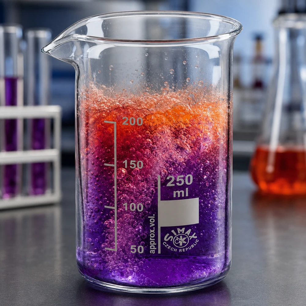 Becher da 250 ml di forma alta con liquido di reazione viola-arancione e formazione di bolle in laboratorio