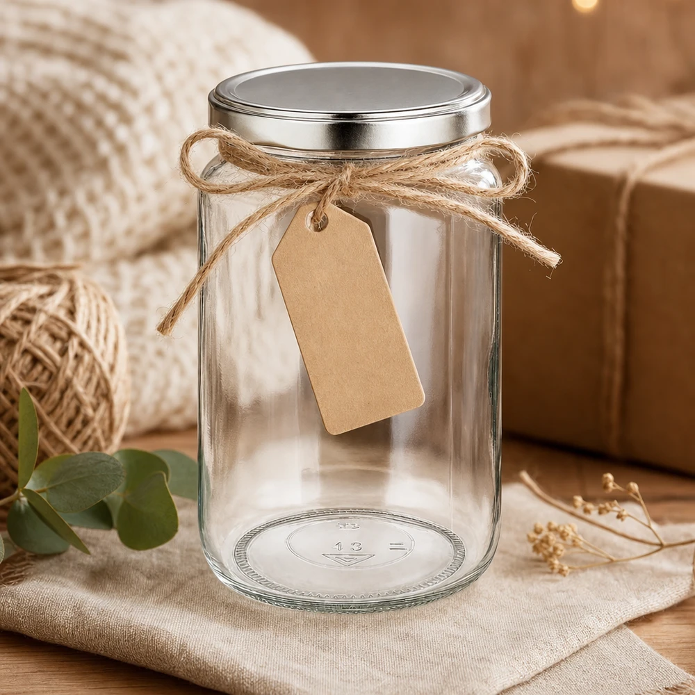 Barattolo rotondo da 795 ml con coperchio BasicSeal argento UN... Barattolo rotondo da 795 ml con coperchio BasicSeal, decorato con cordoncino di iuta e cartellino come confezione regalo.
