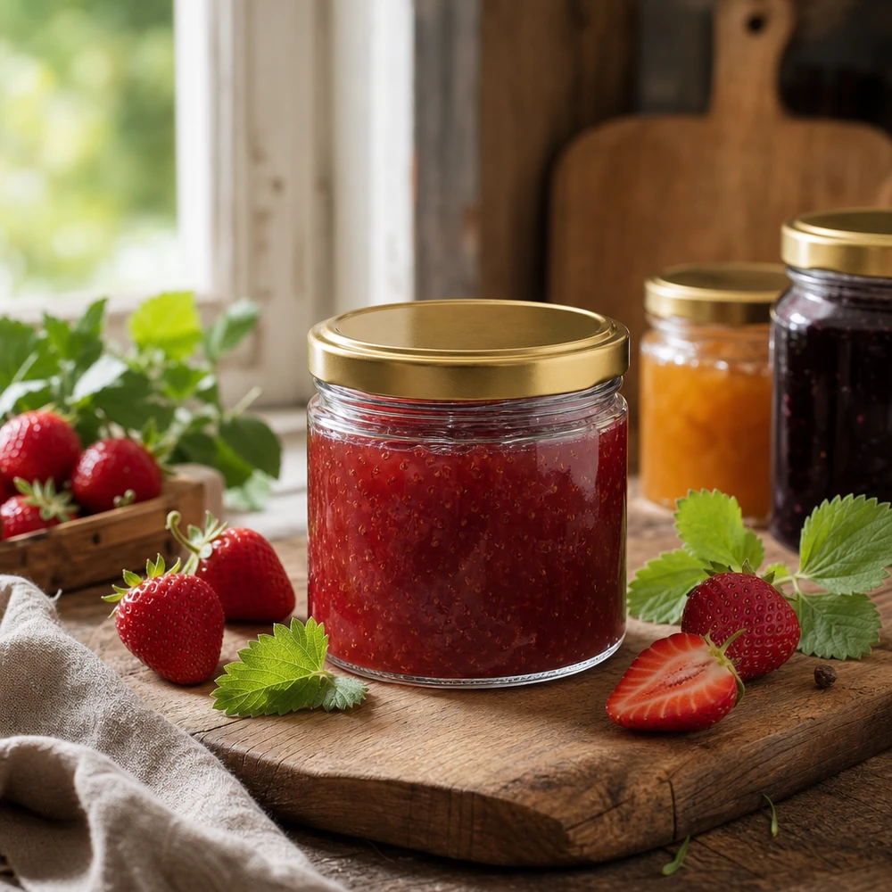 Barattolo rotondo da 540 ml con coperchio BasicSeal oro UNiTWIST Barattolo rotondo da 540 ml con coperchio BasicSeal oro riempito di marmellata di fragole su una tavola di legno con fragole fresche