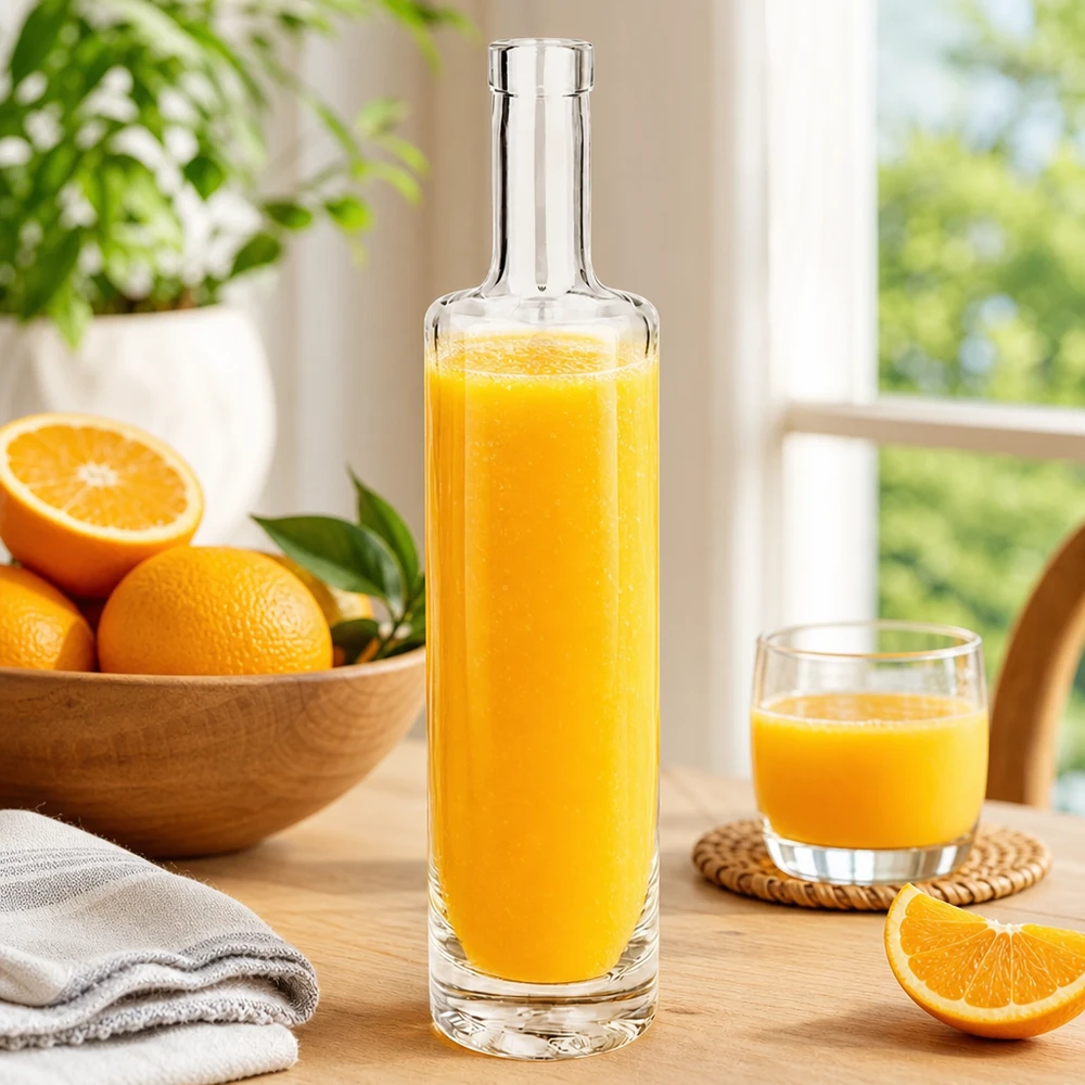 Bottiglia in vetro da 500 ml Lina senza tappo UNiTWIST® 500ml Glasflasche Lina mit frischem Orangensaft gefüllt zwischen Orangen und Glas in sonniger Küchenatmosphäre Bild 7