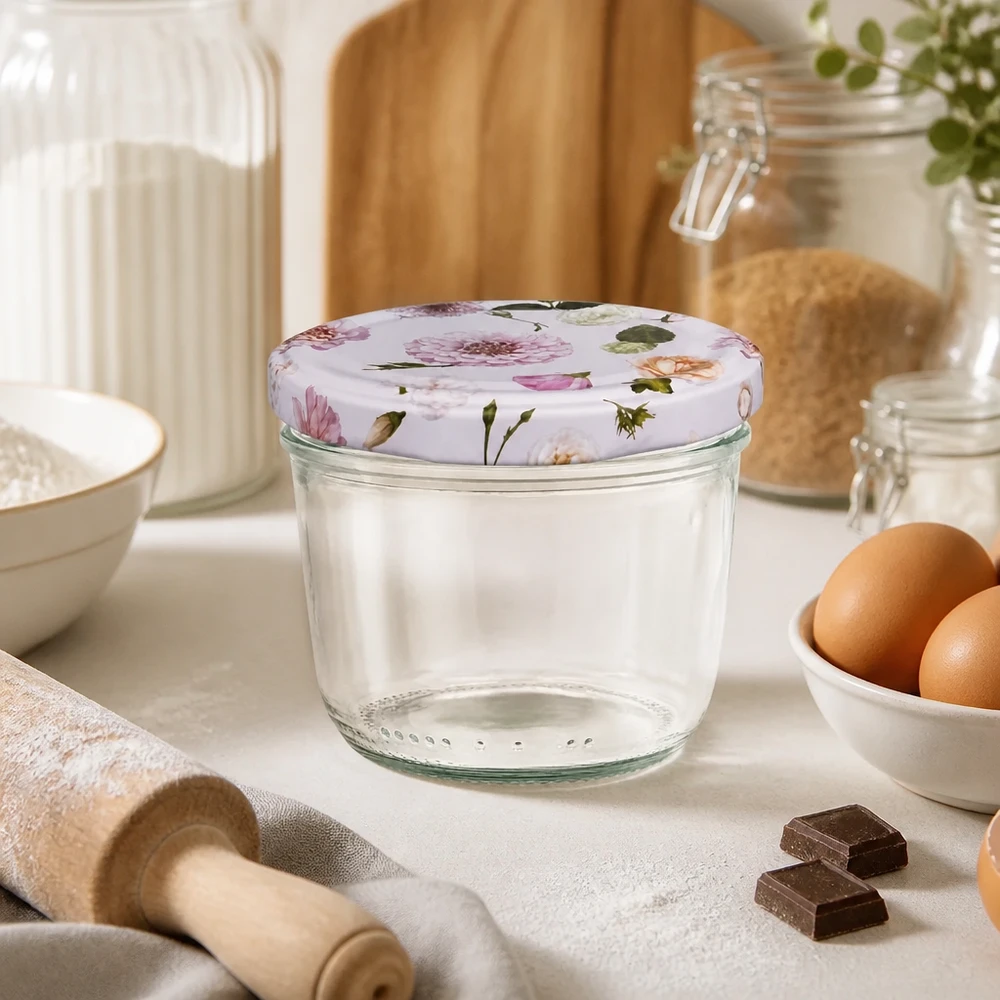 Bicchieri da 230 ml + coperchio BasicSeal rosa... Bicchieri vuoti da 230 ml con coperchio BasicSeal motivo floreale rosa in una scena di cucina con ingredienti da forno e utensili da cucina