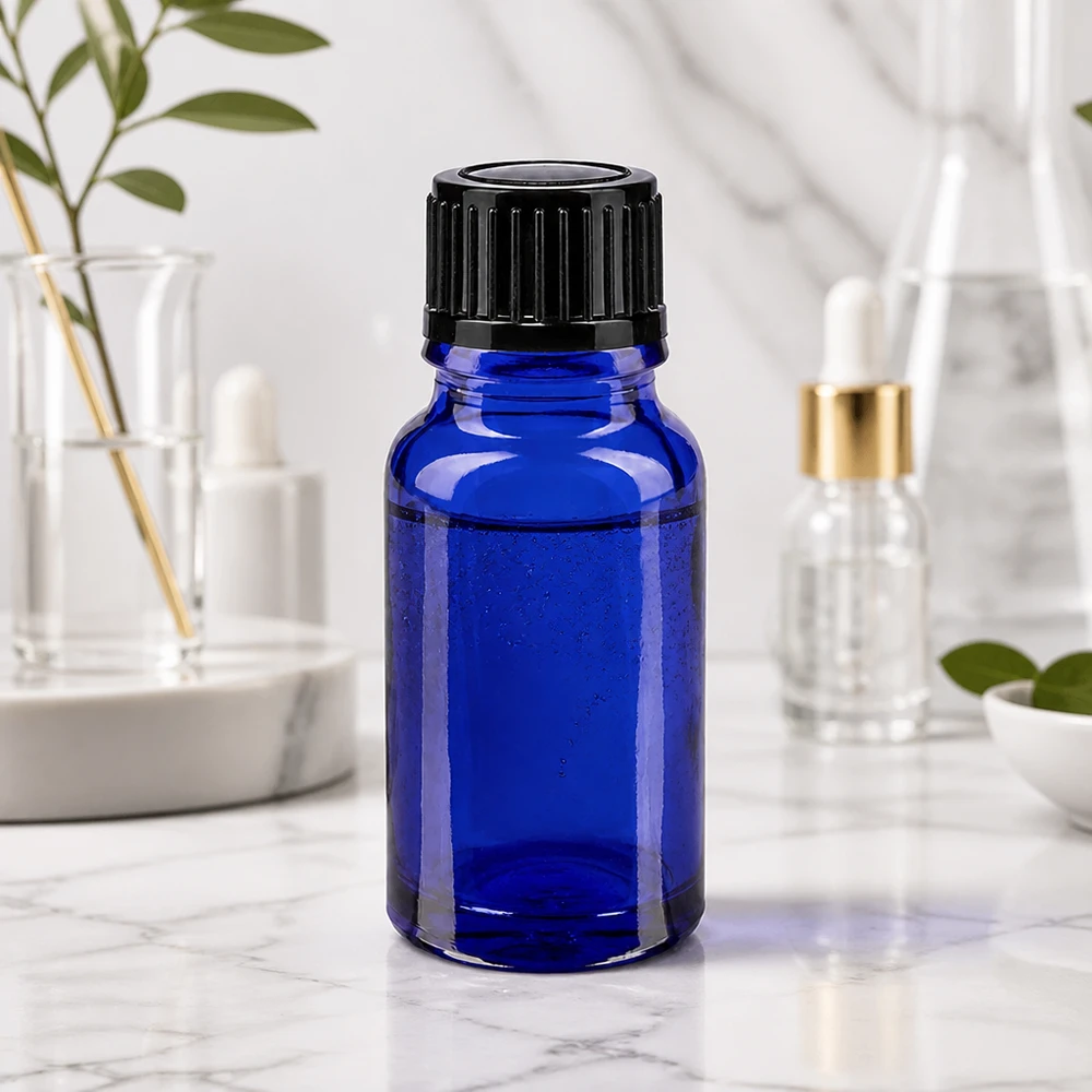 Flacone contagocce blu da 10ml STD nero/1mm ApoGlas Fiala di vetro da 10 ml, blu, con apertura precisa da 1 mm e tappo scanalato nero, per applicazioni di laboratorio