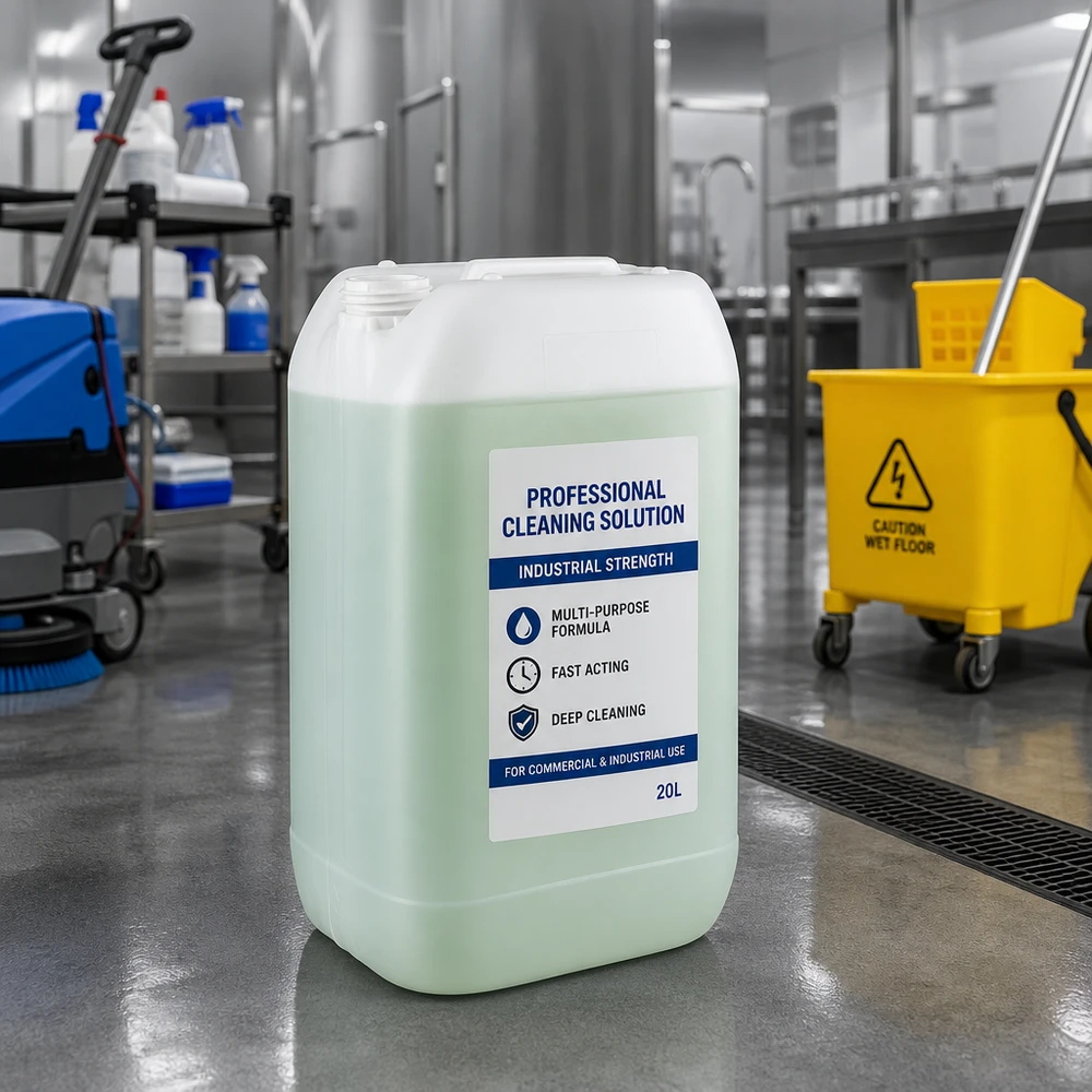 Tanica industriale da 15 litri di colore verde chiaro senza tappo, con etichetta della soluzione detergente professionale sul pavimento del capannone