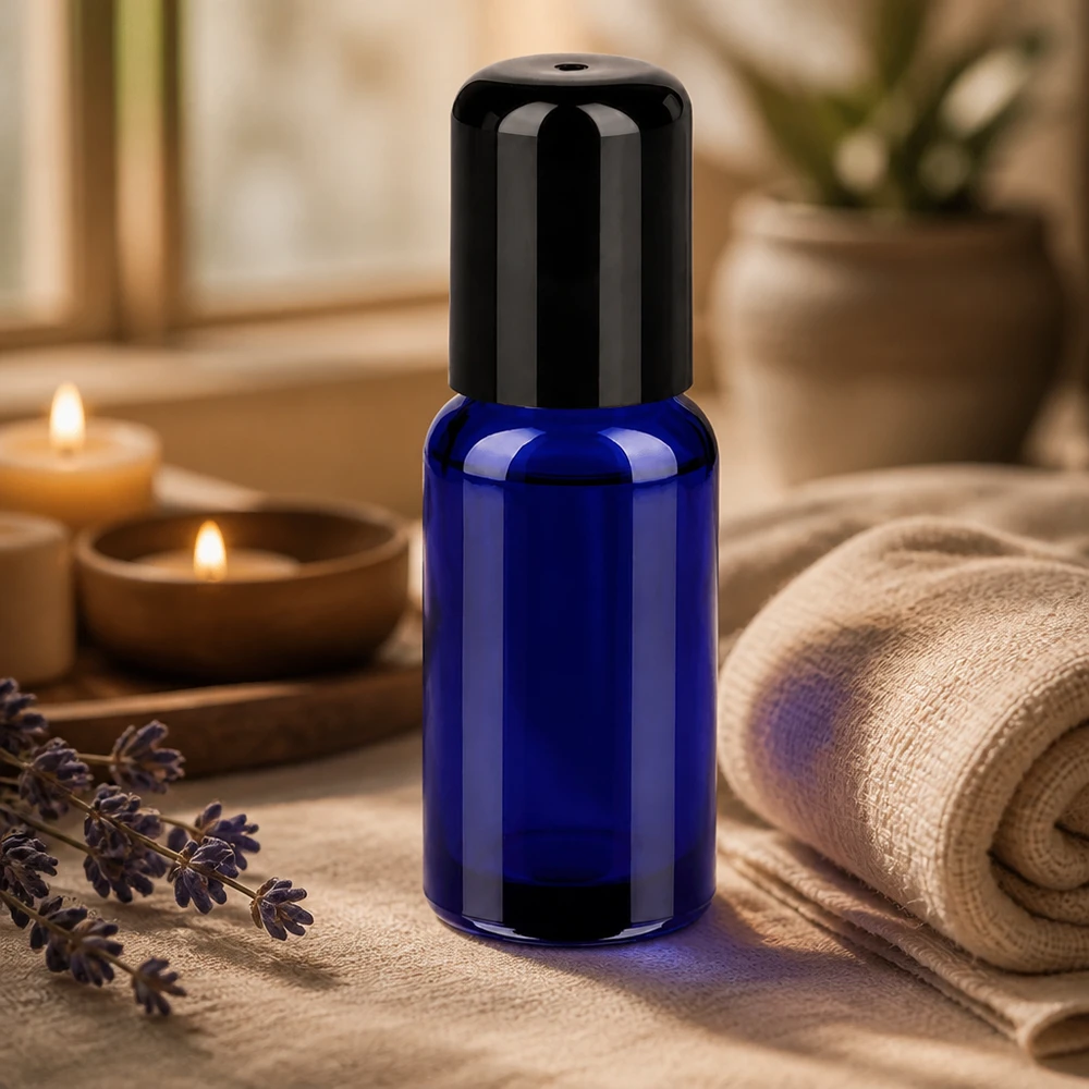 Flacone roll-on da 20 ml nero STD BlueLine UT18/20 Elegante flacone in vetro blu cobalto da 20 ml con applicatore roll-on preciso per applicazioni spot