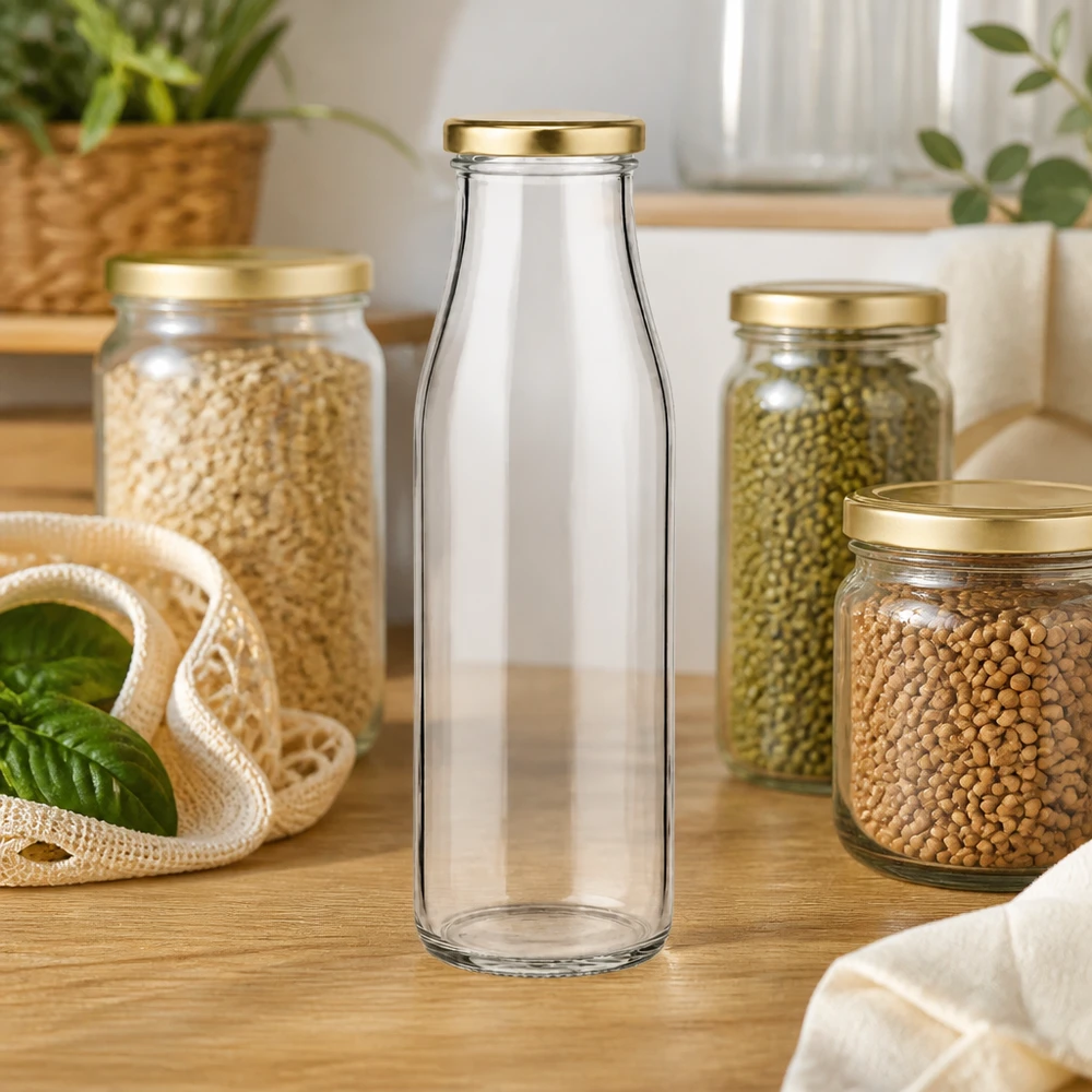 Bottiglia di vetro da 500 ml + coperchio BasicSeal oro UN.. 500ml Glasflasche BasicSeal gold in moderner Küche zwischen Vorratsgläsern mit Hülsenfrüchten Zero Waste Lifestyle