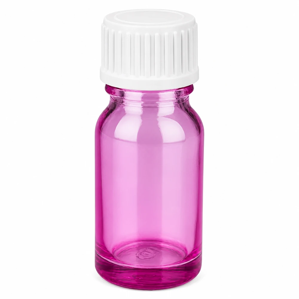 Flacone da 10 ml (globulo). Anello di versamento da 3 mm bianco standard PurpleLine. UT18/10 Flacone compatto in vetro viola da 10 ml con sistema di chiusura sicuro