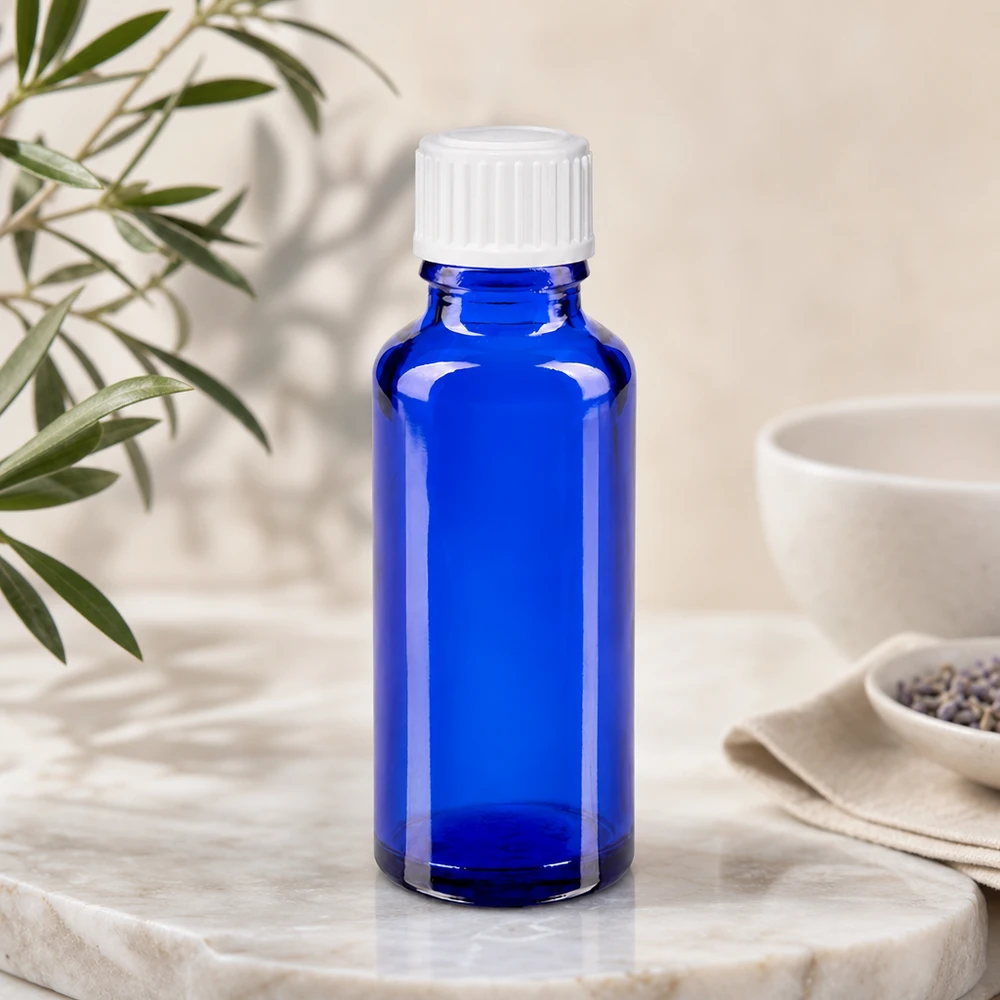 Flacone da farmacia cilindrico da 30 ml, colore blu cobalto, con tappo standard bianco da 11 mm