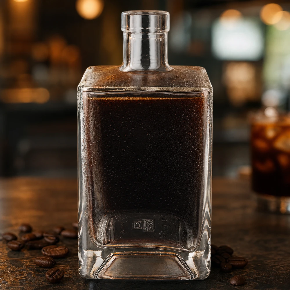Flacone in vetro da 700 ml Ben senza tappo UNiTWIST® Bottiglia di vetro da 700 ml di Ben riempita di liquore al caffè scuro su un tavolo di legno rustico con atmosfera da bar di chicchi di caffè