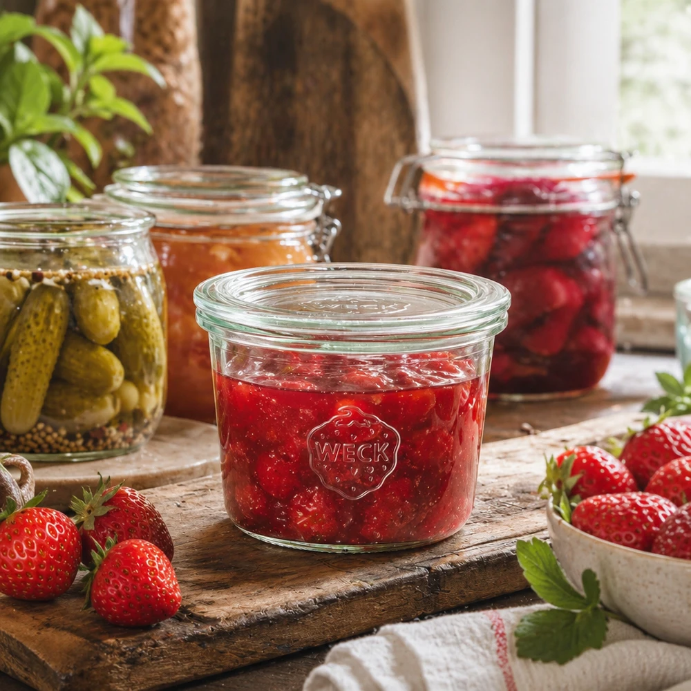 WECK vaso RR60 da 80 ml riempito di marmellata di fragole su una tavola di legno rustica con fragole fresche e vasetti da conserva