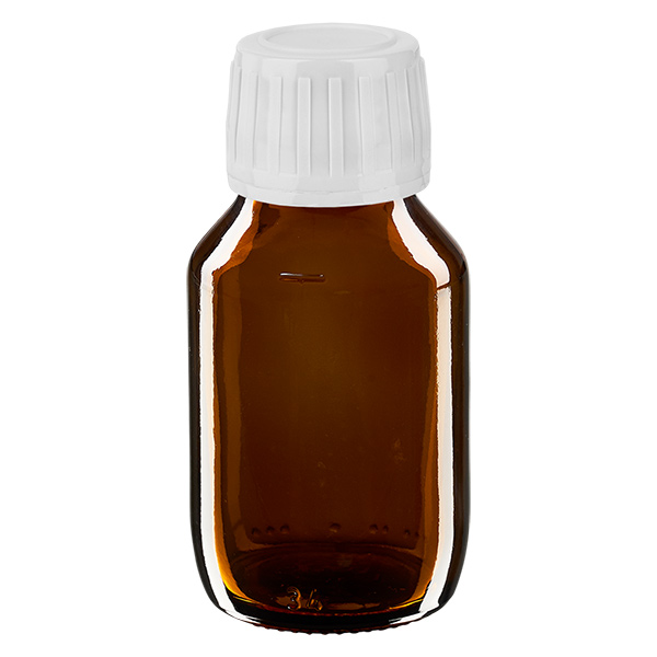Flacone per medicinali Euro 50. marrone PP28. con tappo a vite bianco Flacone per medicinali Euro 50. marrone PP28. con tappo a vite bianco