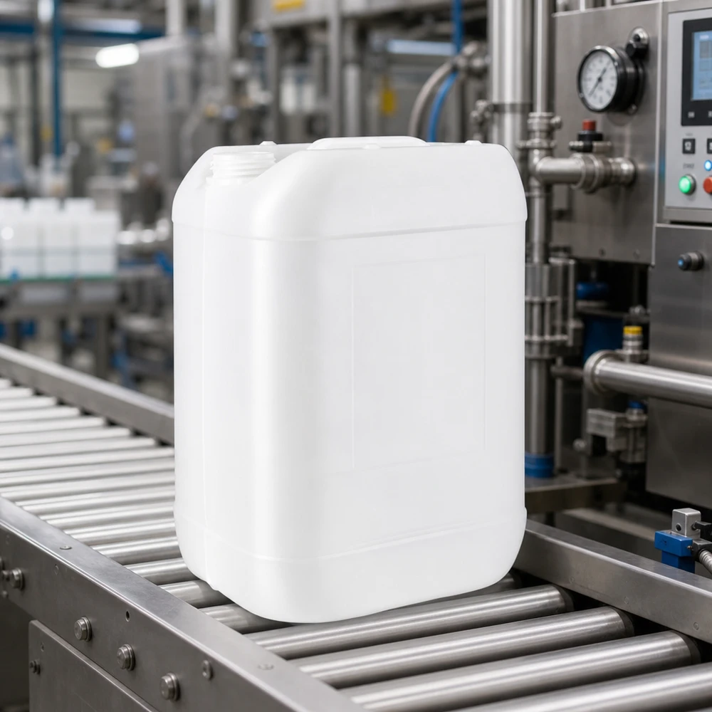 Tanica 25 litri senza tappo Tanica rettangolare da 25 litri senza tappo, di colore bianco, su un nastro trasportatore industriale