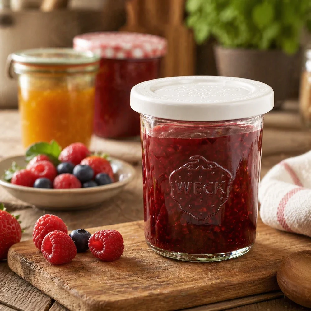 Bicchieri WECK 160ml RR60 riempiti di marmellata di bacche rosse su una tavola di legno accanto a lamponi e mirtilli freschi