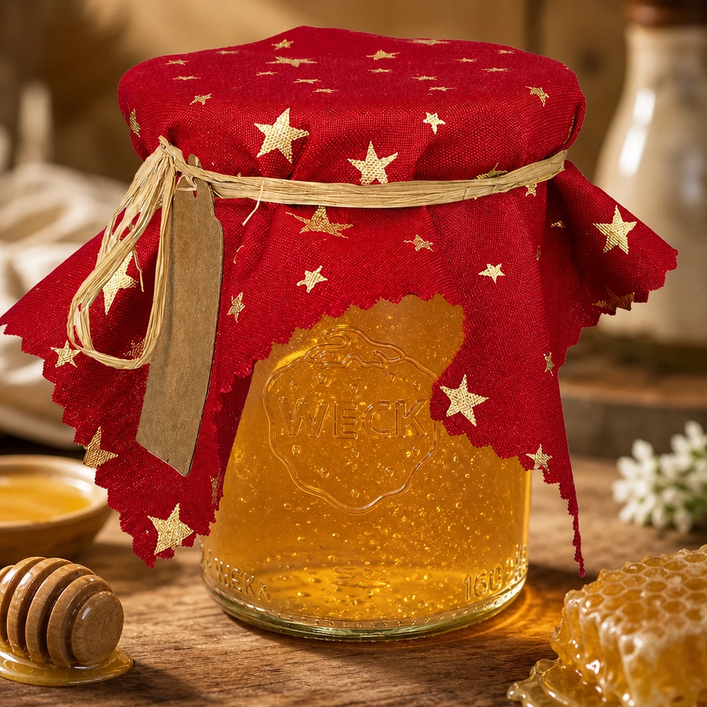 Vasetto di miele WECK con coperchio ornamentale a stella rossa 15 cm, cucchiaio di legno e nido d'ape, decorazione da cucina rustica