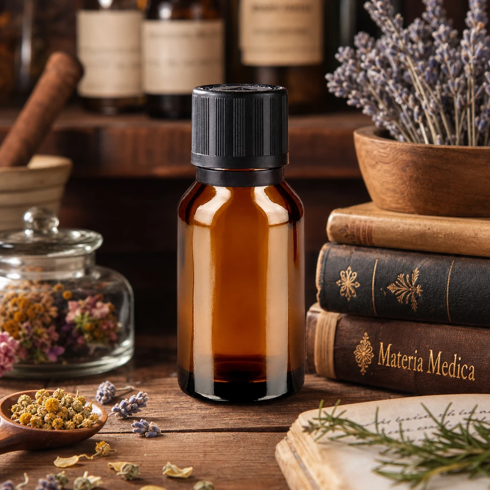Flacone da farmacia in vetro ambrato da 15 ml con contagocce di precisione su un tavolo rustico in legno accanto a libri di Materia Medica