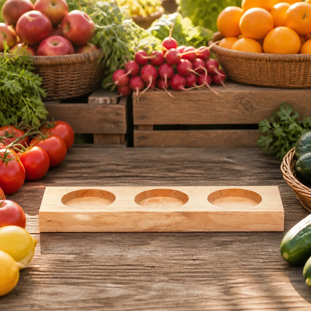 Tavola da portata in legno Plano3 tra frutta e verdura fresca su un tavolo di legno rustico in stile mercato contadino