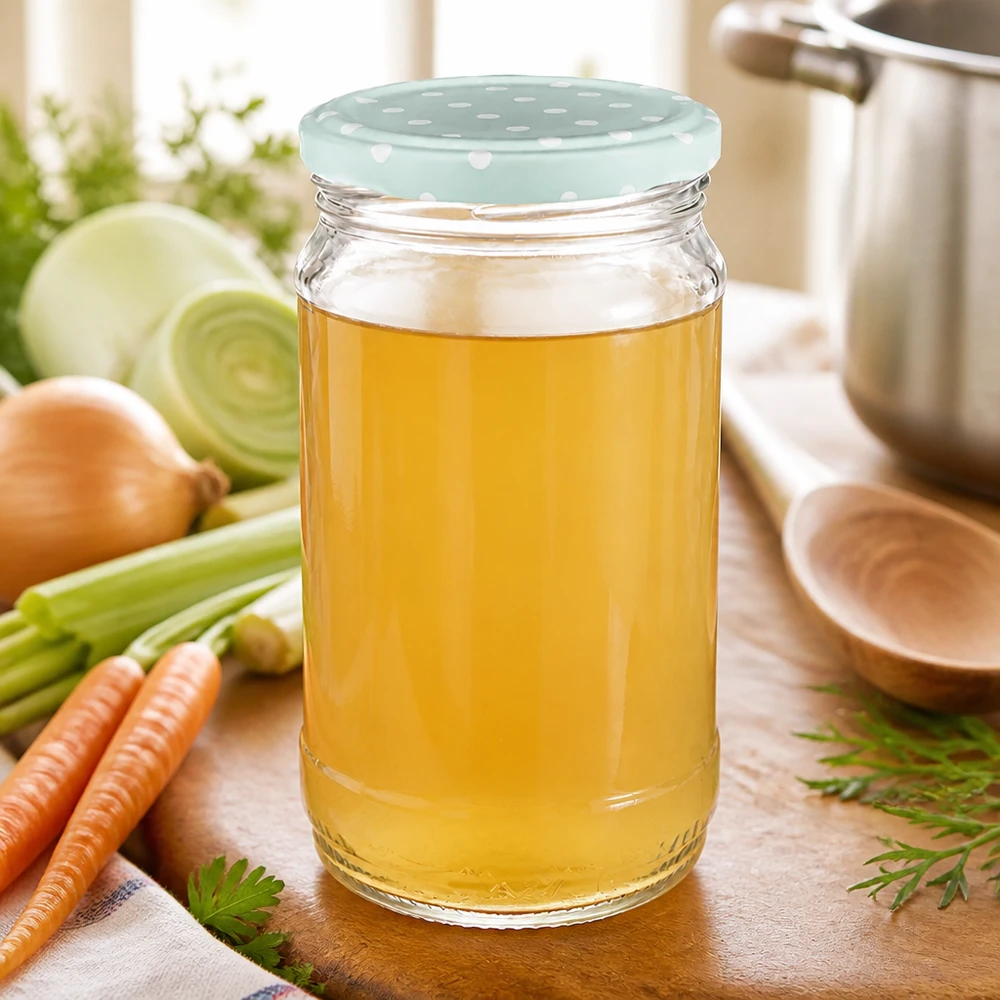 Vaso di vetro rotondo UNiTWIST da 370 ml riempito di brodo, con coperchio BasicSeal verde menta a pois accanto alle verdure