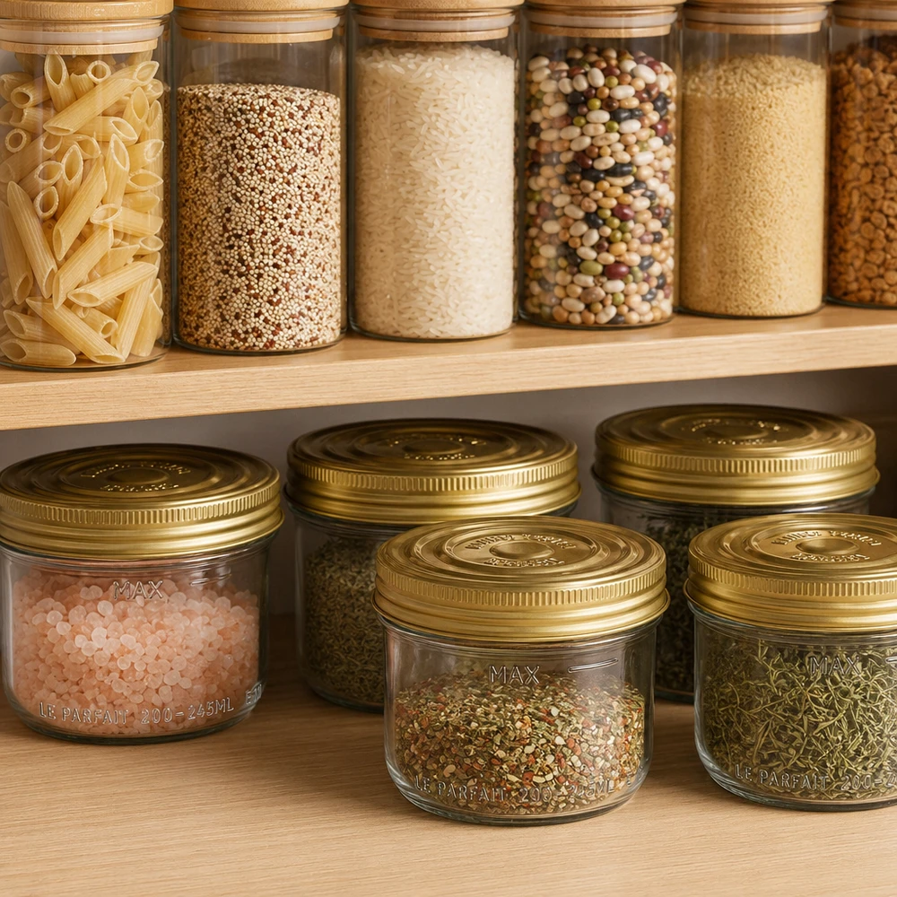 Bicchieri Familia Wiss da 245 ml con coperchio dorato per spezie ed erbe aromatiche in una cucina dispensa organizzata