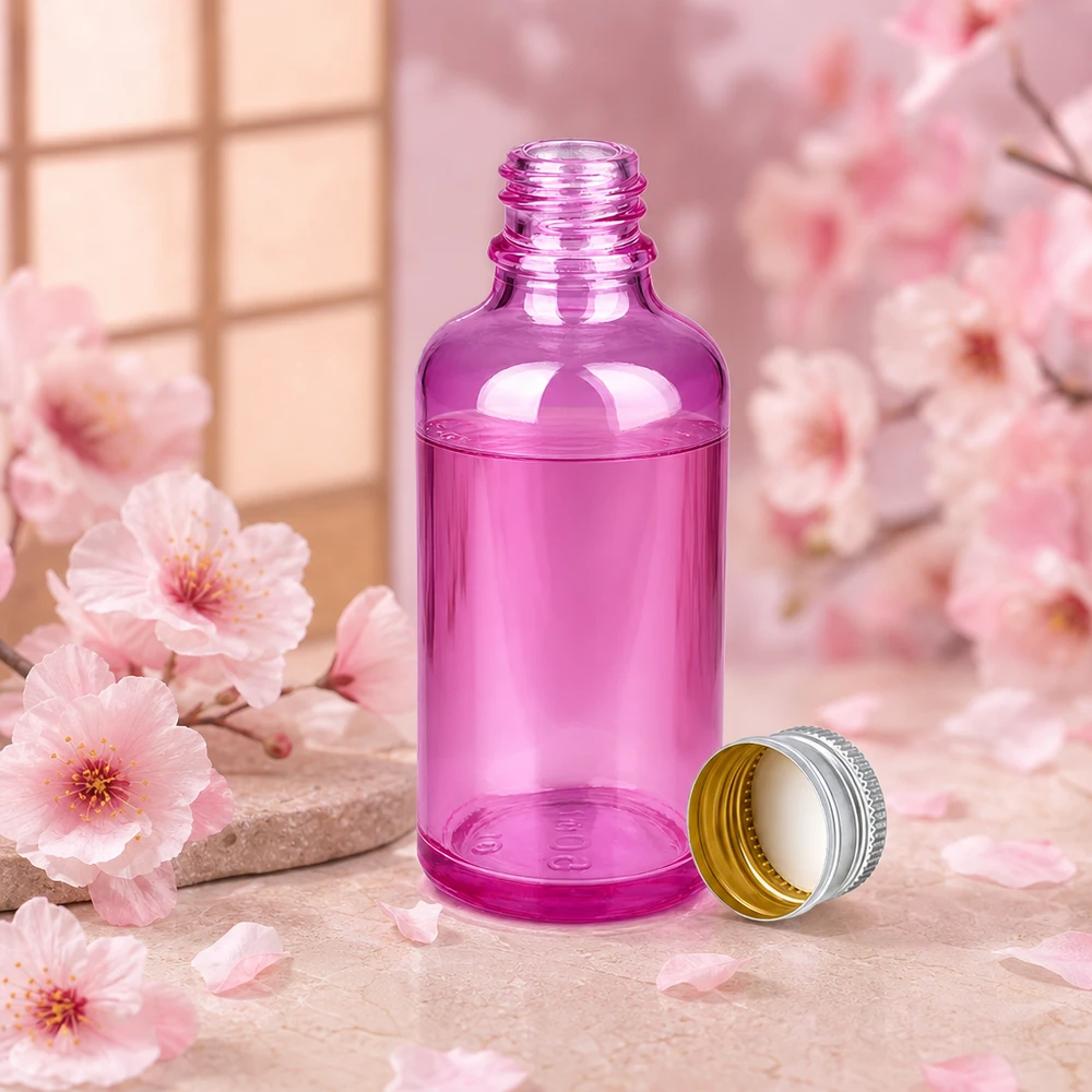 Bottiglia da 50ml tappo a vite 11mm alluminio-argento standard PurpleLine.UT18/50 Elegante flacone in vetro viola da 50 ml con elegante design del tappo in argento-alluminio