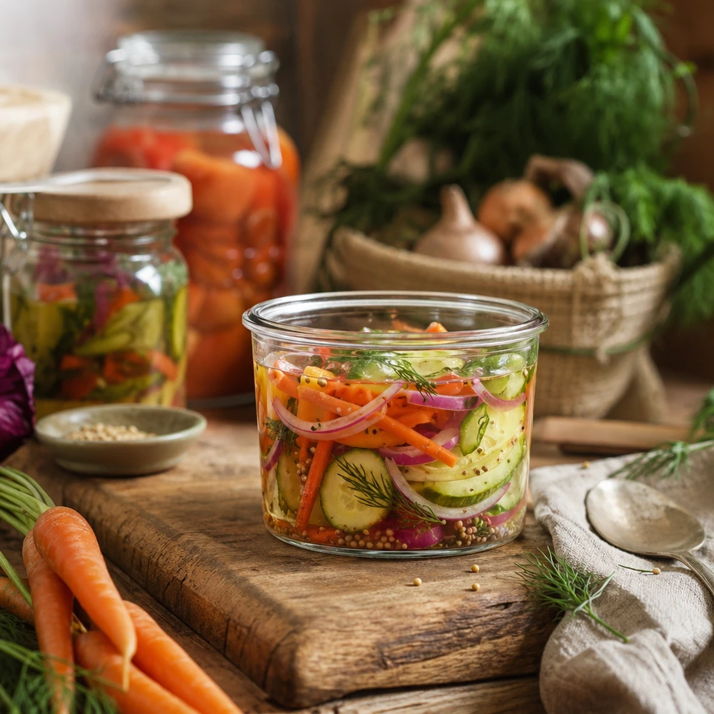 WECK Vaso in muratura da 35 ml con verdure in salamoia su tavola di legno, vaso per fermentazione e conservazione