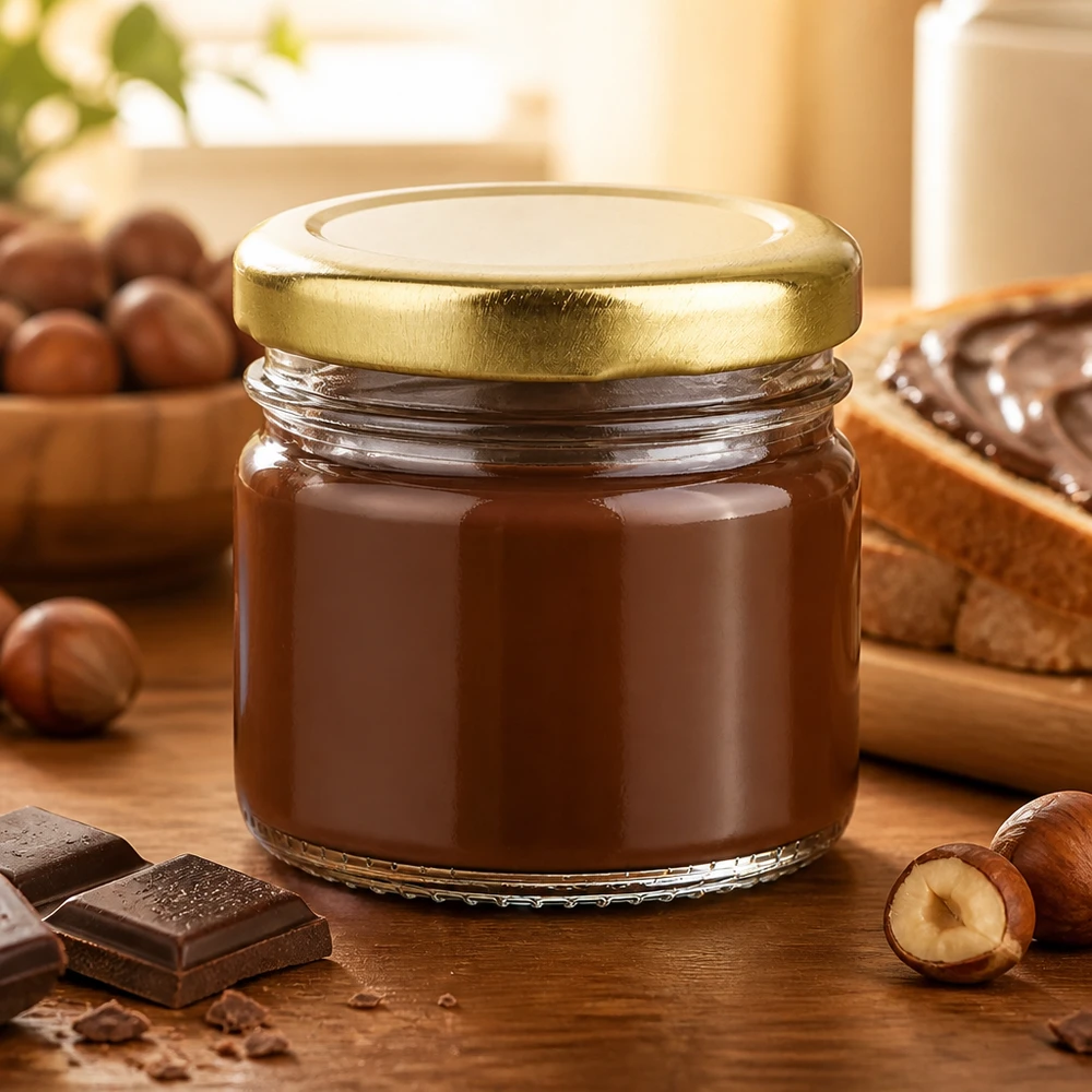 Vaso rotondo in vetro da 33 ml + coperchio BasicSeal dorato UNiTWIST Vasetto trasparente da 33 ml con coperchio BasicSeal dorato per creme di noci e creme spalmabili al cioccolato