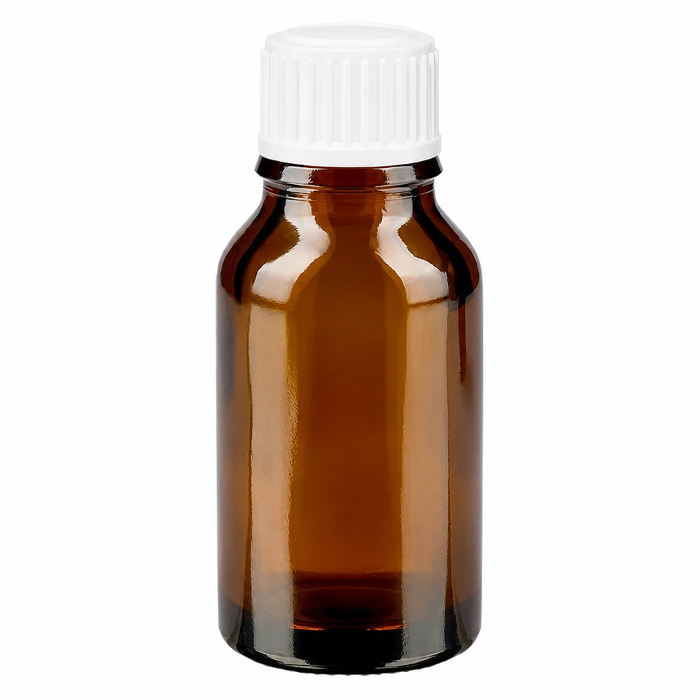 Flacone da farmacia in vetro marrone da 30 ml con tappo a vite bianco standard da 11 mm