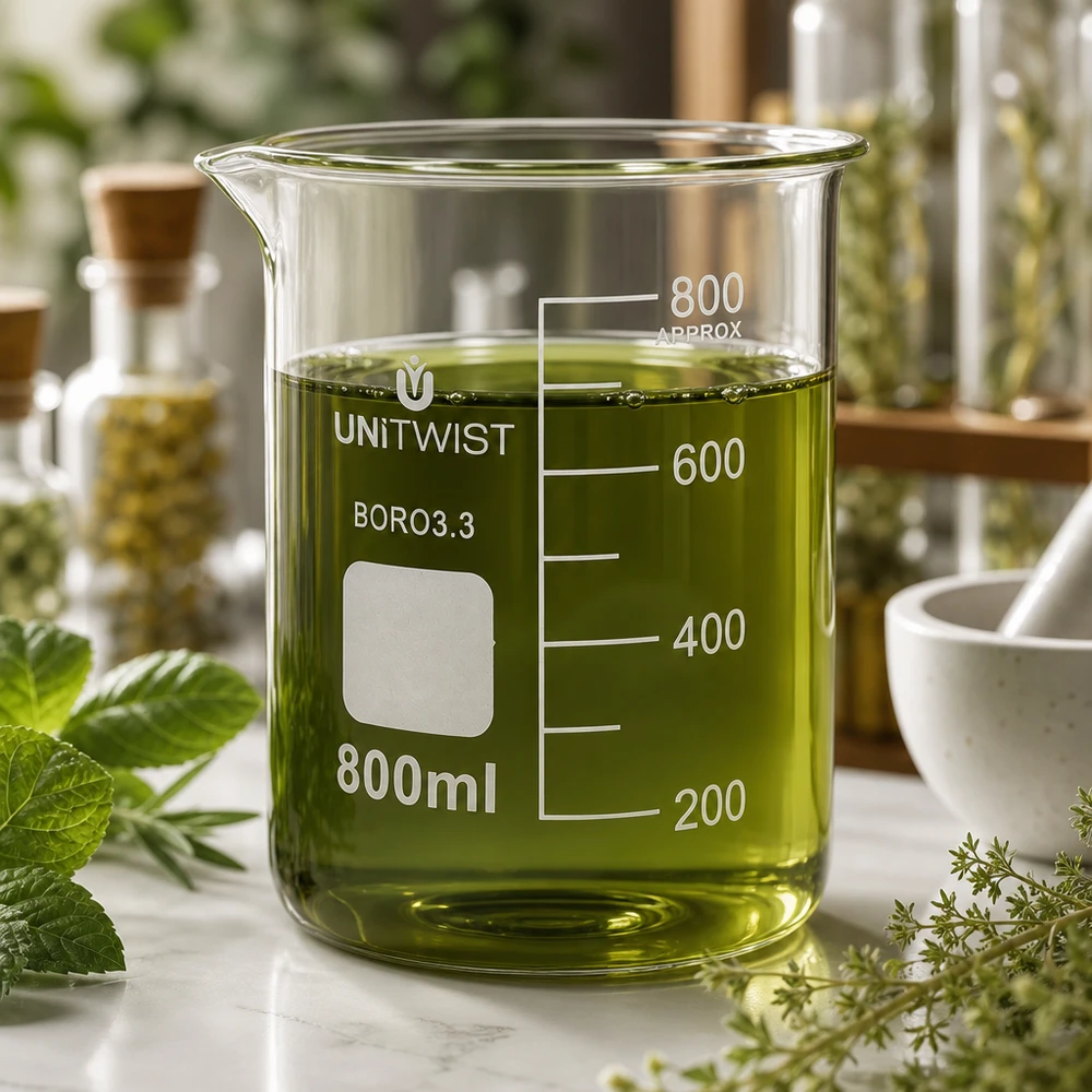 Bicchiere 800ml borosilicato, stampo basso UNiTWIST Bicchiere UNiTWIST da 800 ml in vetro borosilicato, forma bassa, con estratto di erbe verde circondato da erbe fresche