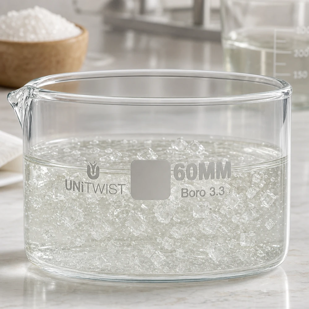 Piatto per cristallizzazione ø60mm in vetro borosilicato UNiTWIST Vaschetta di cristallizzazione Boro 3.3 UNiTWIST da 60 mm con microsfere di gel di silice idrate in acqua limpida