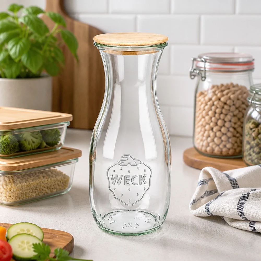 Bottiglia per succhi WECK RR60 da 530 ml con coperchio in legno Bottiglia di succo WECK 530ml RR60 con coperchio in legno nelle cucine moderne accanto a verdure e legumi come soluzione di stoccaggio