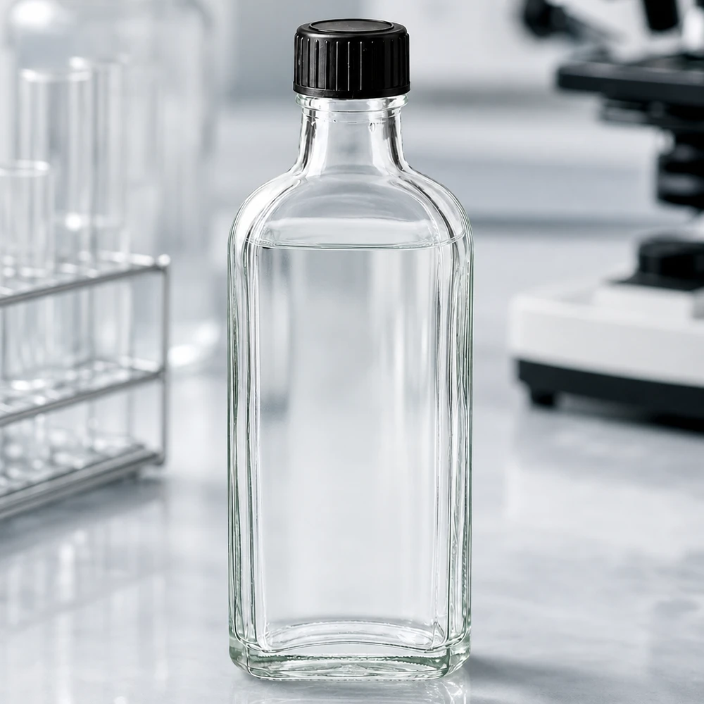 100 ml Tappo a vite trasparente Meplat con disco di tenuta LKD Flacone di vetro rettangolare trasparente da 100 ml con disco di tenuta LKD e tappo nero in laboratorio