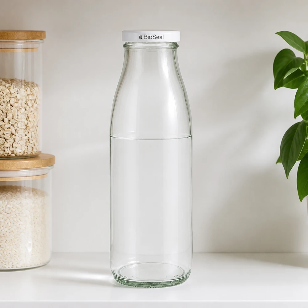 Bottiglia di vetro da 500 ml + coperchio BioSeal bianco UN.. Bottiglia di vetro da 500 ml con tappo BioSeal in ambiente di cucina, accanto a barattoli con muesli e piante verdi