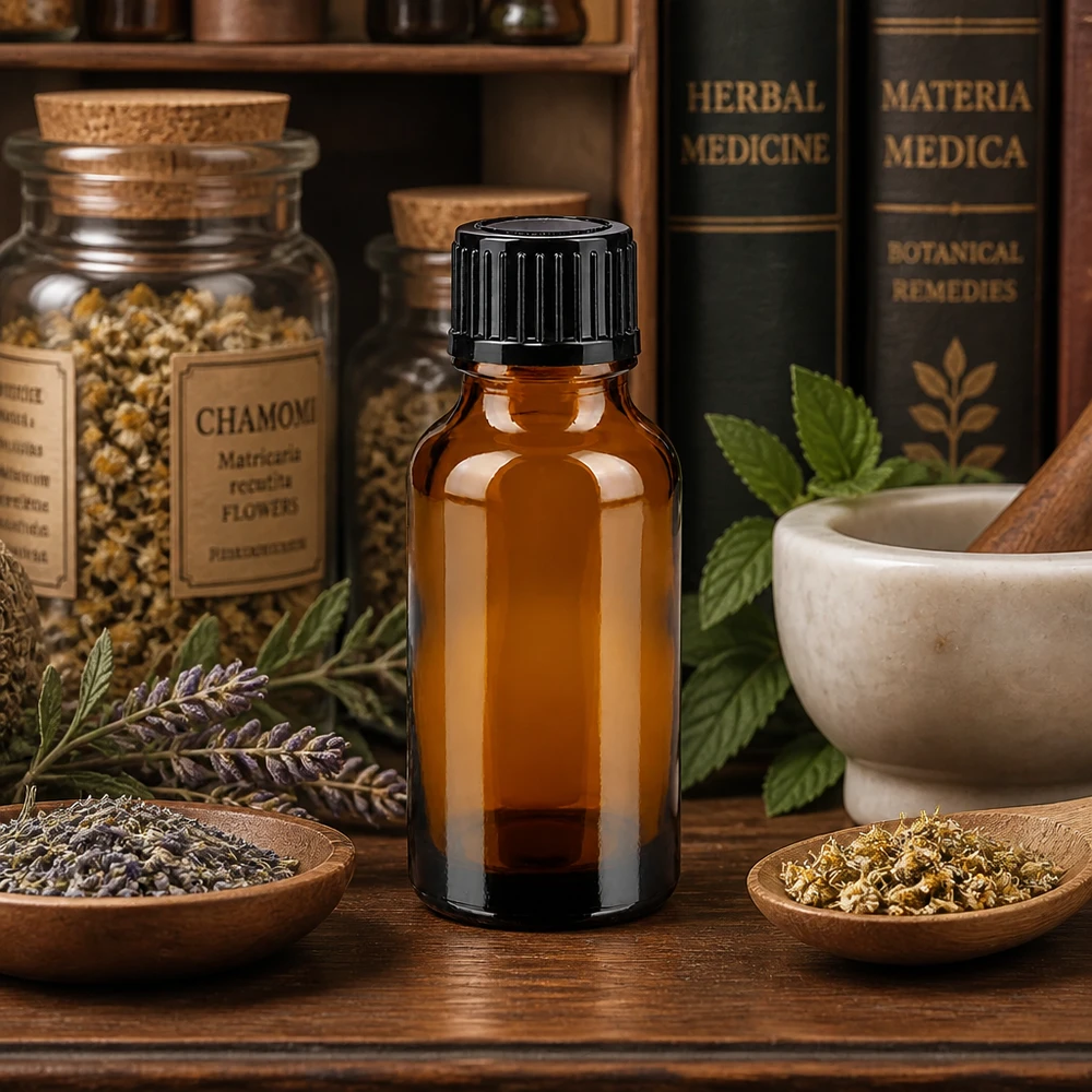 Flacone contagocce da 20 ml in vetro da farmacia di colore marrone con tappo nero, tra erbe e piante medicinali