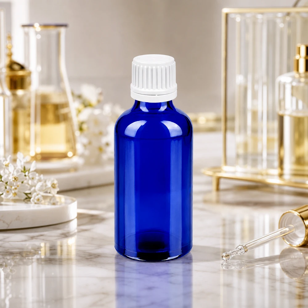 Bottiglia da 50ml 11mm SV bianco OV BlueLine UT18/50 Flacone da laboratorio professionale da 50 ml in blu scuro con tappo antimanomissione