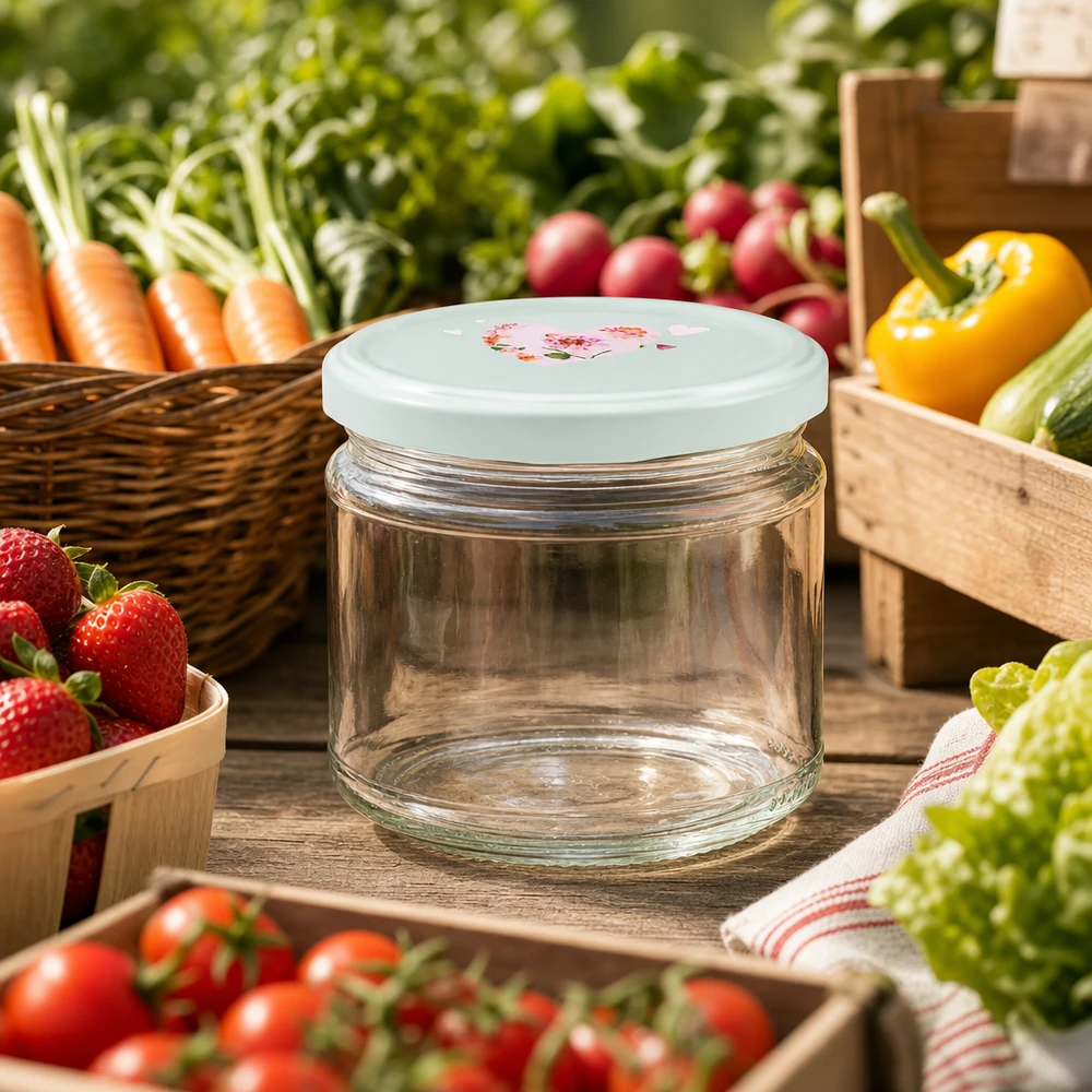 Vaso rotondo da 330 ml vuoto BasicSeal coperchio motivo cuore menta vaso di stoccaggio mercato ortofrutticolo mercato agricolo frutta fresca verdura