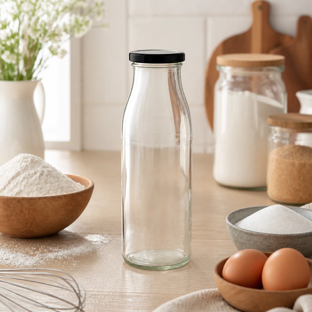 Bottiglia di vetro da 500 ml con coperchio nero in un ambiente naturale di cucina con ingredienti da forno e ciotole di legno