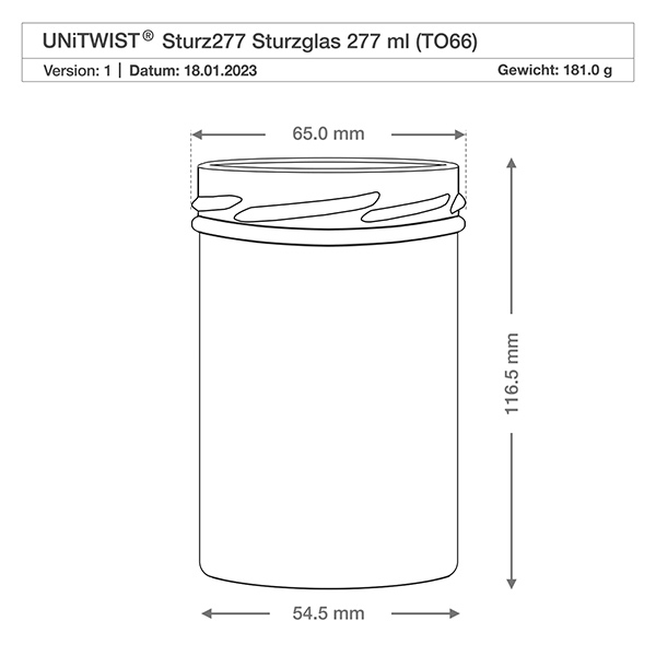UNiTWIST Sturz277 - tumbler capacità 277ml TO66 UNiTWIST Sturz277 tumbler 277ml TO66 con disegno tecnico Dimensioni 65mm diametro 116,5mm altezza Peso 181g