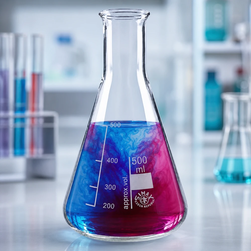 Beuta graduata da 500 ml in robusto vetro da laboratorio con soluzione di prova multicolore